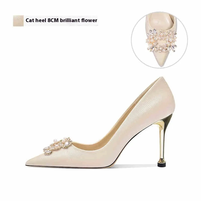 Rhinestone decorated women's high heel pumps in pointed toe style with cat heel or stiletto options.