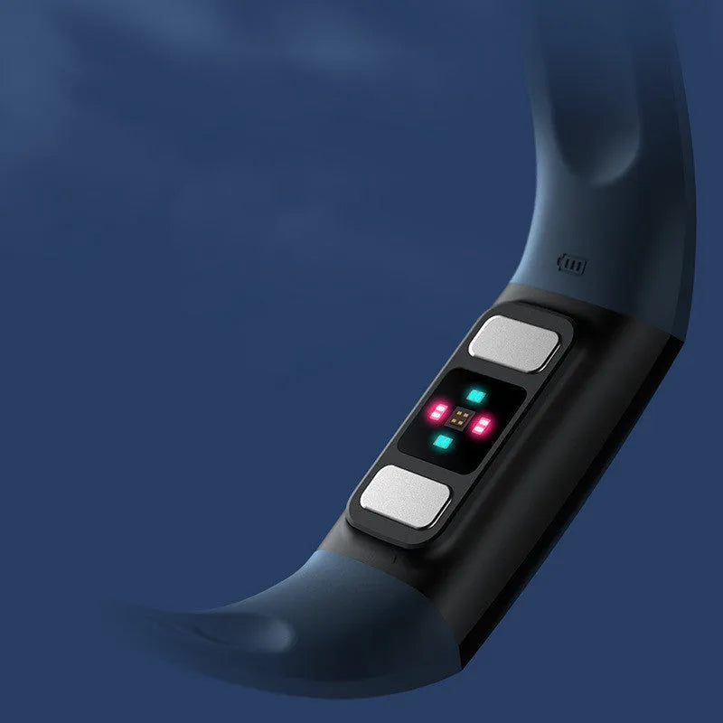 Black smart bracelet with ECG, blood pressure and blood oxygen monitoring on a wrist.