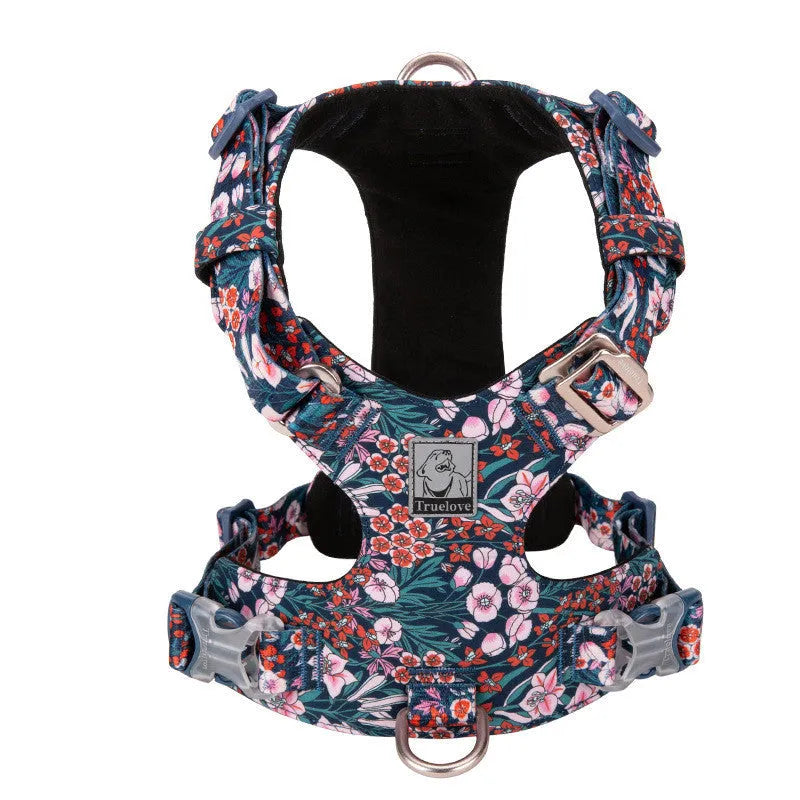 Pure cotton pet chest strap with floral pattern in pull-resistant design