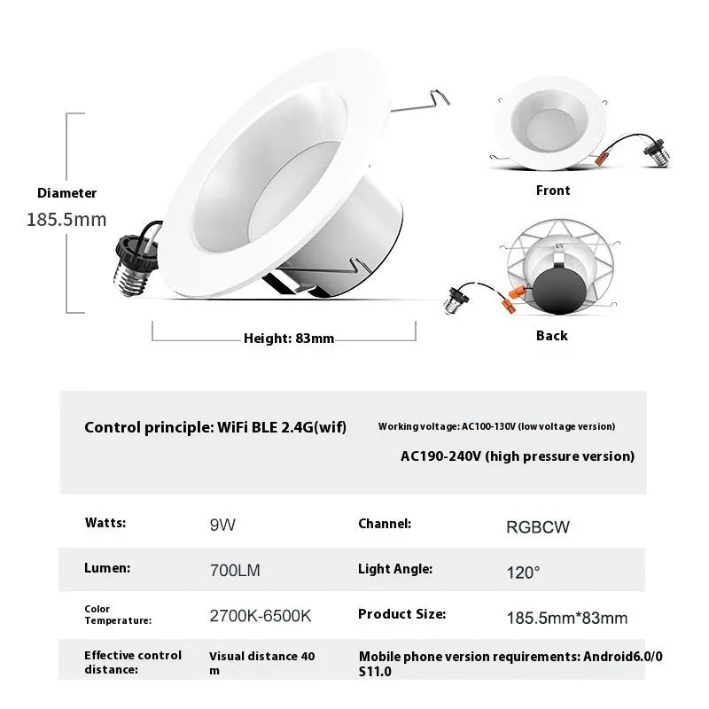 Smart WiFi Bluetooth RGBW remote control colour changing ceiling lamp with E26 holder