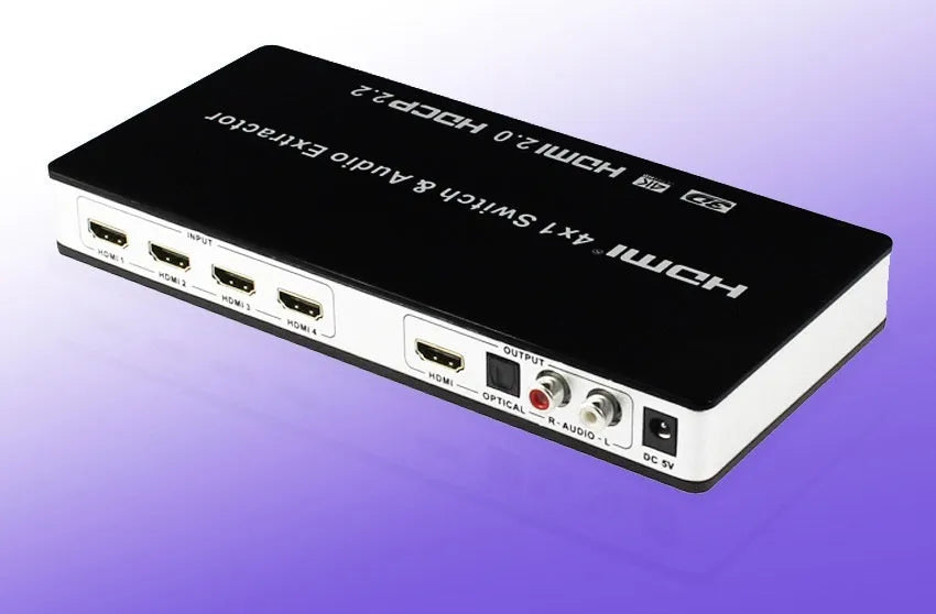 Black HDMI audio switch with remote control, 4 input ports and 1 output port for 4K video switching.