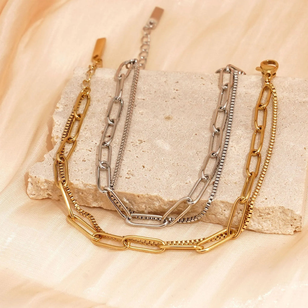 Double layer twin titanium steel women's bracelet with geometric line design in gold or silver finish