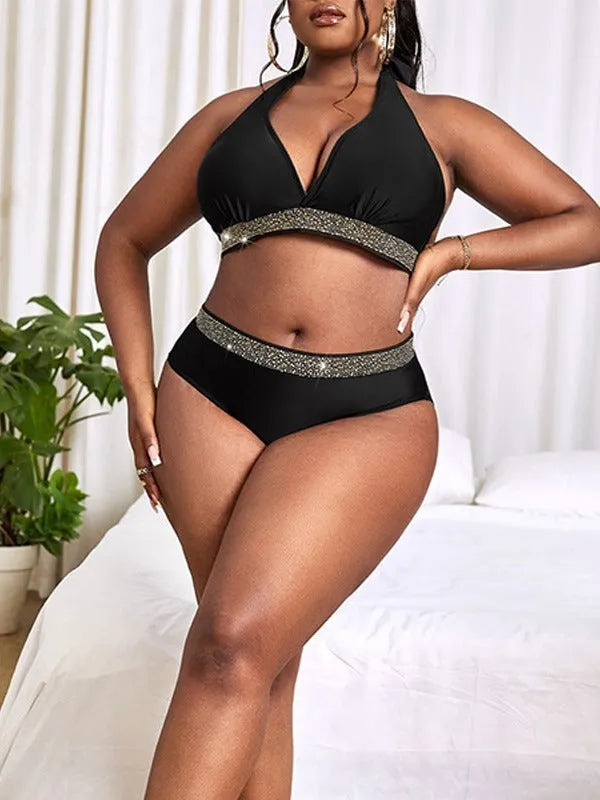 Black plus size women's swimsuit bikini with two-piece design on mannequin showing front view