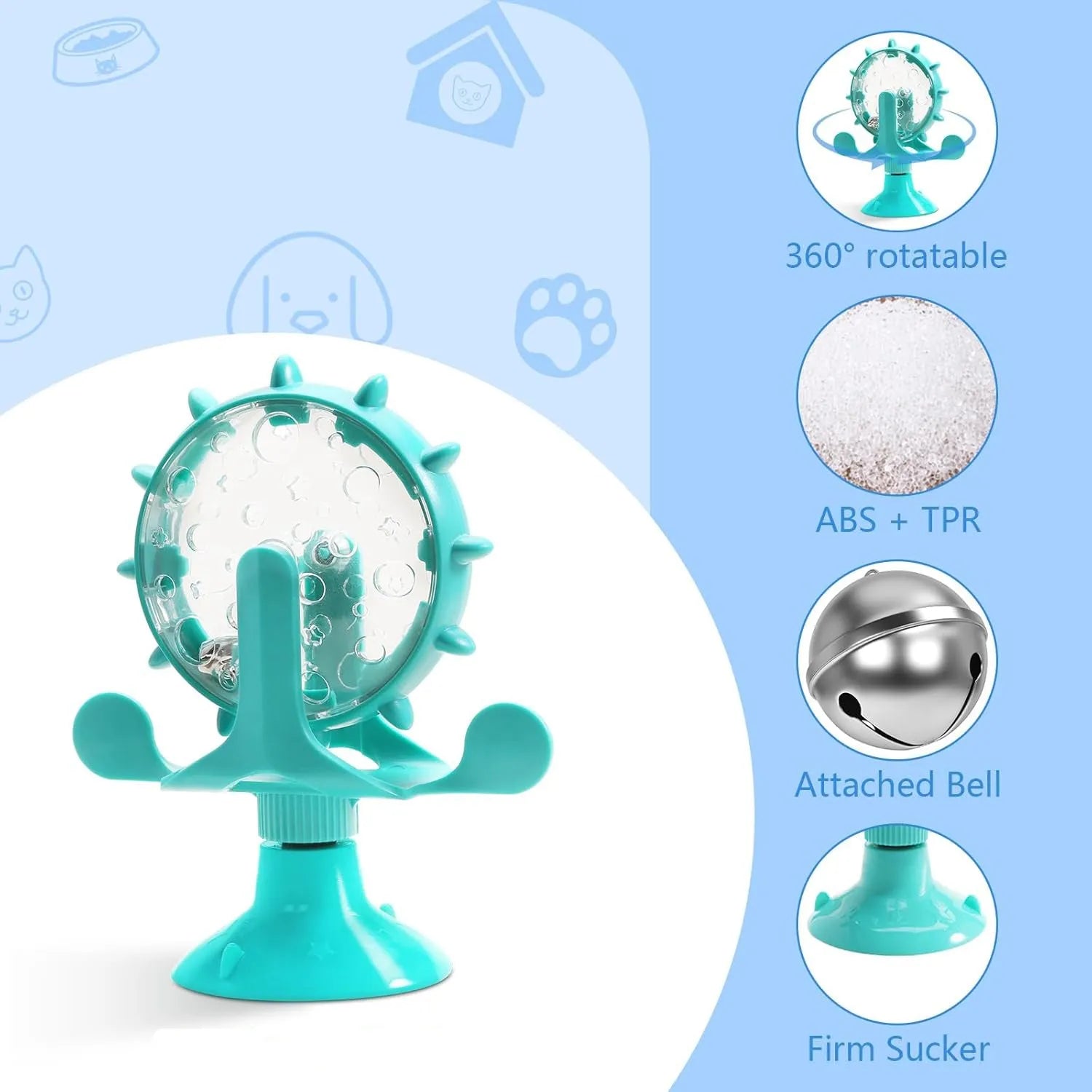 Interactive cat and dog puzzle feeder toy with rotating spinner and sucker base in assorted colours