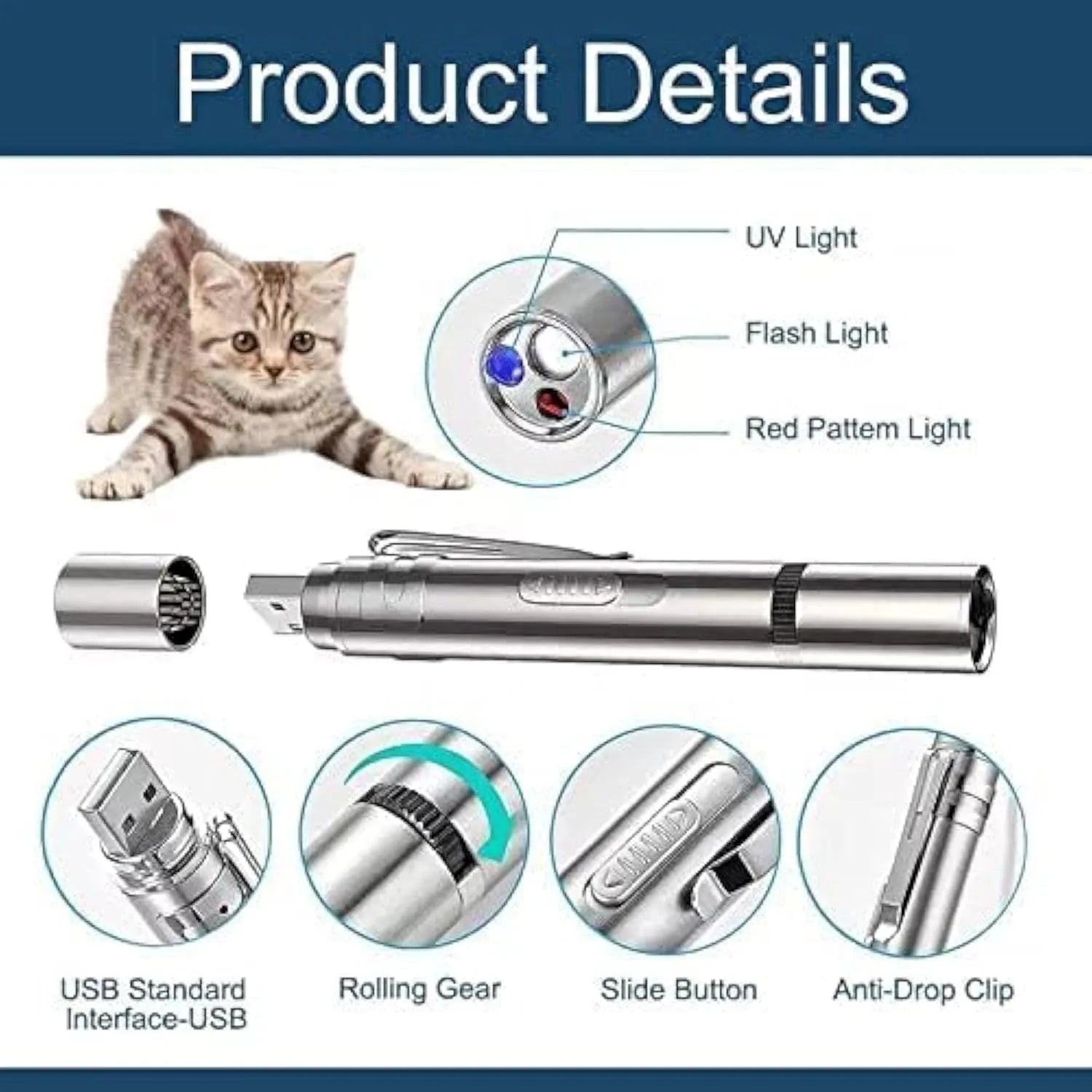 Silver aluminium cat toy pointer with laser patterns for indoor pet play
