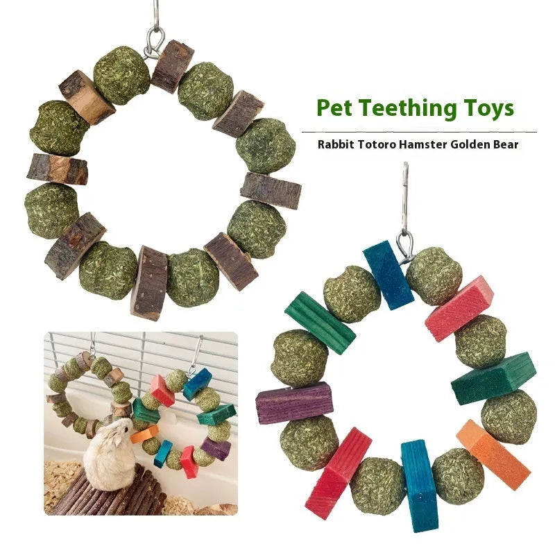 Small pet straw ball ring chew toy in coloured sequin or Applewood options