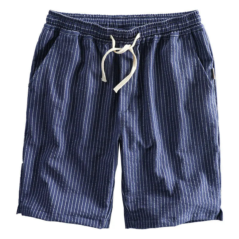 Men's striped casual shorts in cotton with elastic waist, showing loose straight fit and colour options.