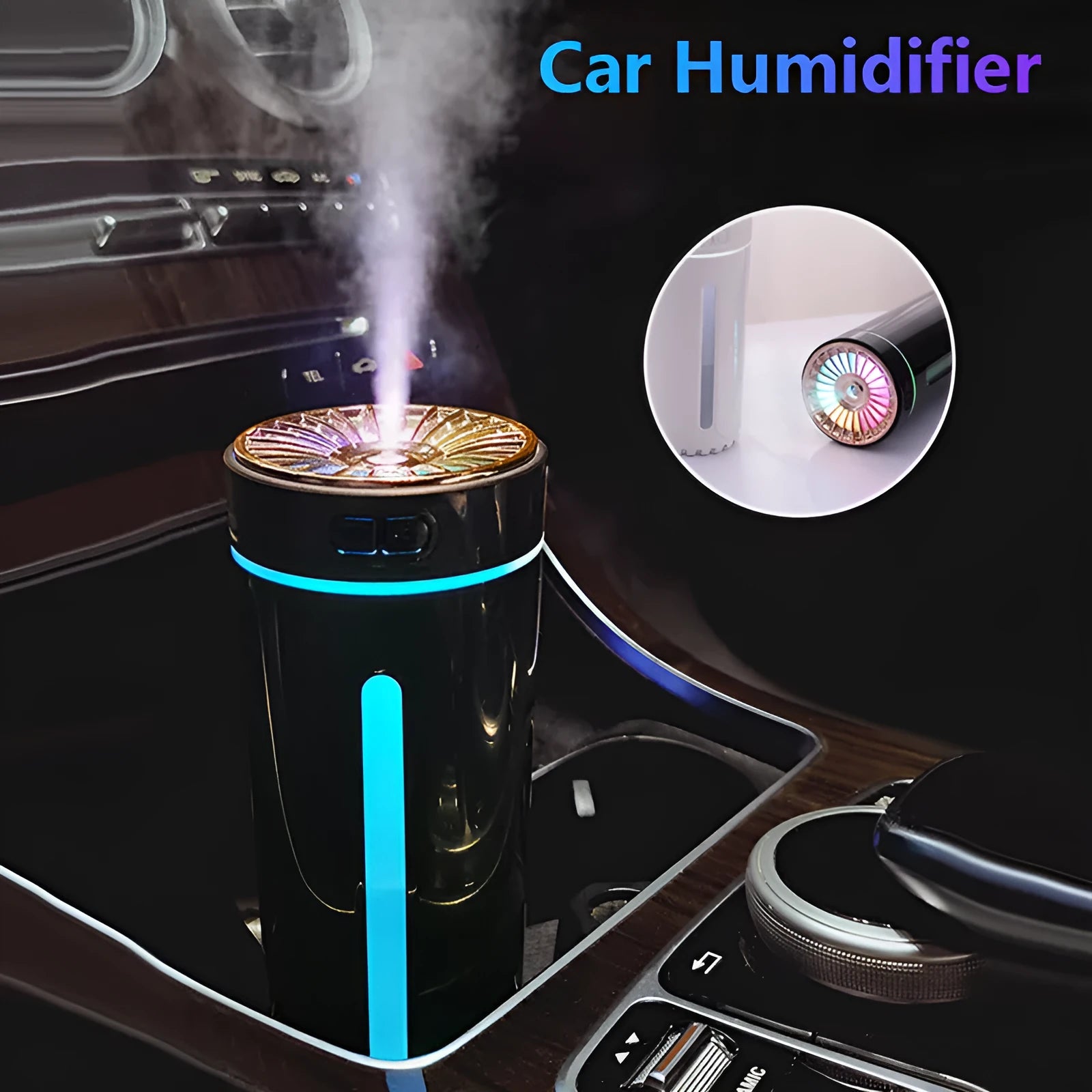 Black portable USB rechargeable car humidifier with colourful lights on a desk next to a cup