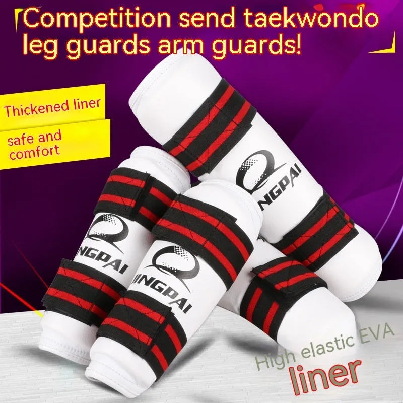 Taekwondo protective gear set showing leg protectors and arm guards in PU EVA foam material