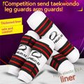 Taekwondo protective gear set showing leg protectors and arm guards in PU EVA foam material