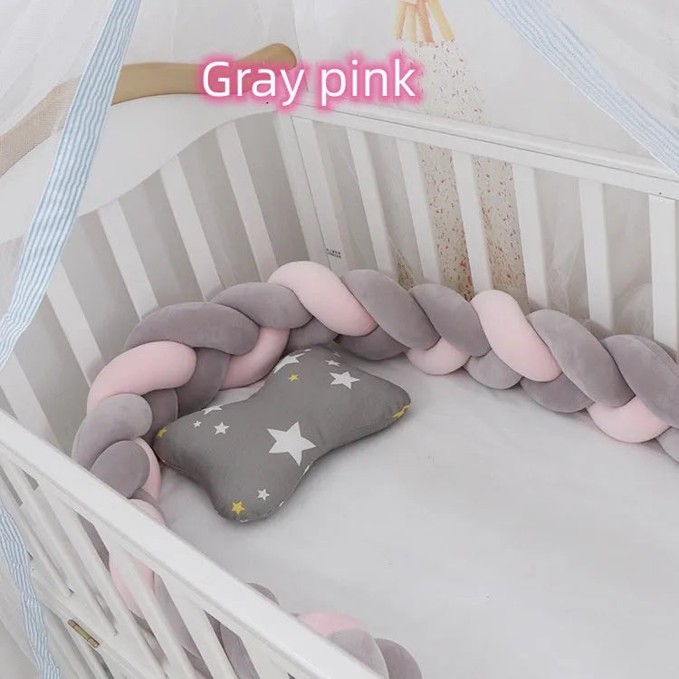 Braided knot cot bumper cushion in spandex velvet for crib safety protection.