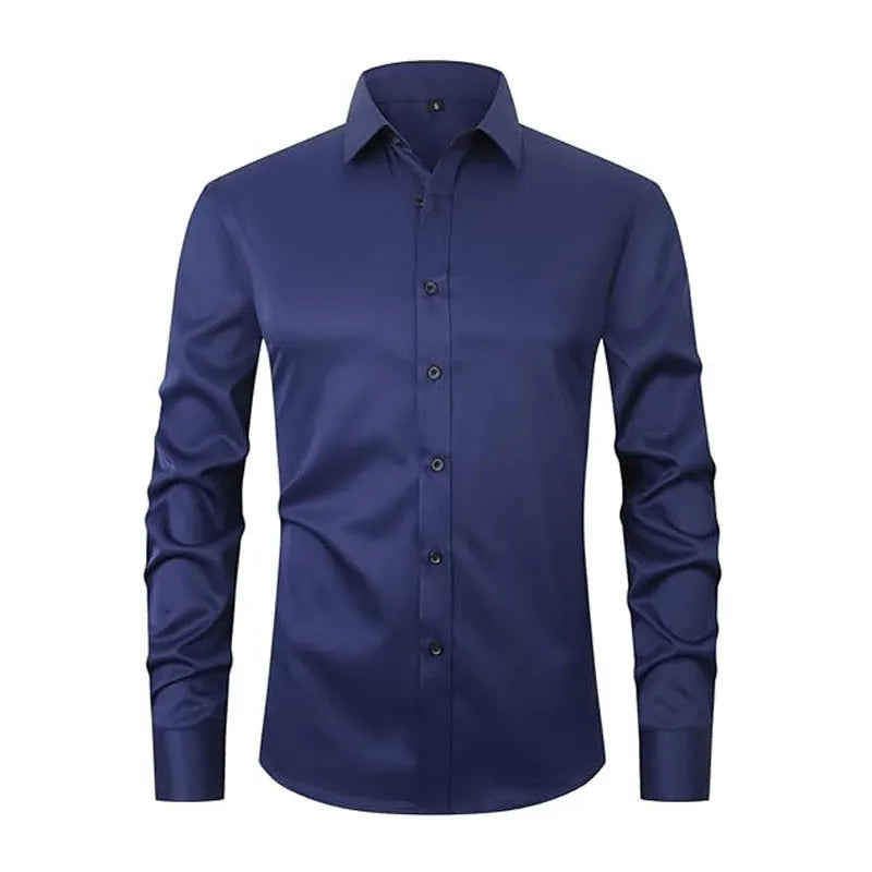 Men's stretch long sleeve polyester work shirt on a hanger, showing button front and long sleeves.