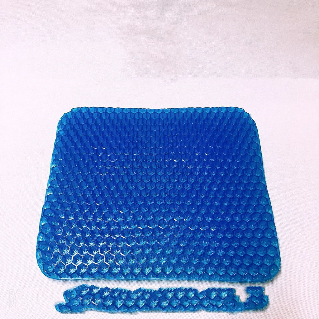 Double thick honeycomb gel seat cushion with removable cover for pressure relief and cooling.