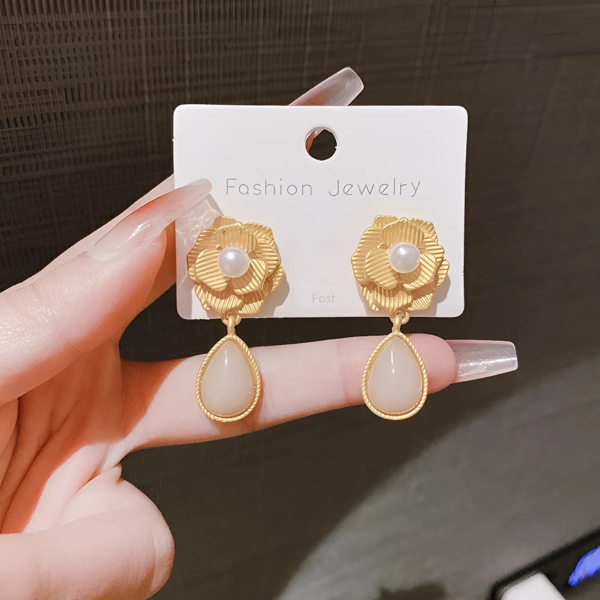 Gold colour Hong Kong style flower stud earrings with opal stones and ice flower design on alloy electroplated construction
