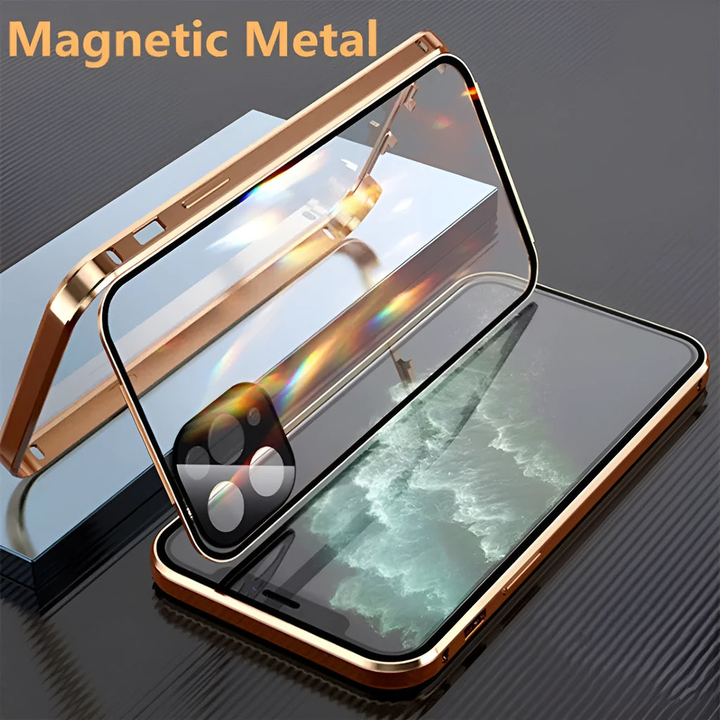 Black metal-framed iPhone bumper case with double-sided tempered glass, shown next to a blue and red version.
