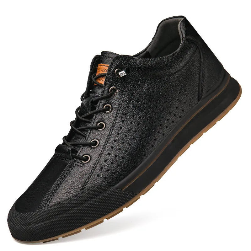 Men's white matte leather flat heel trainers with a round toe, shown in hollow-out, four seasons and velvet-lined options.