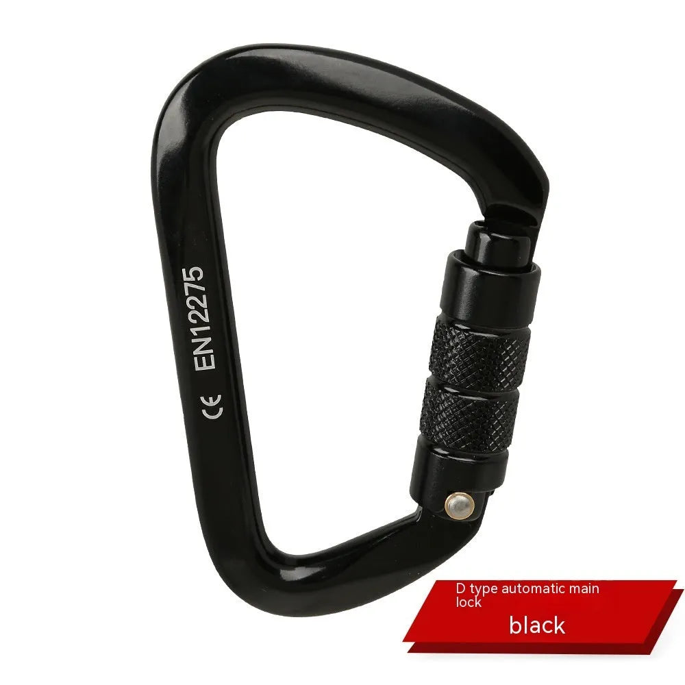 D-type metal climbing safety lock with a choice of automatic or threaded gate, shown in multiple colours.