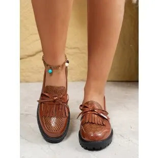 Women's black and brown bow loafers in artificial PU for spring and autumn seasons