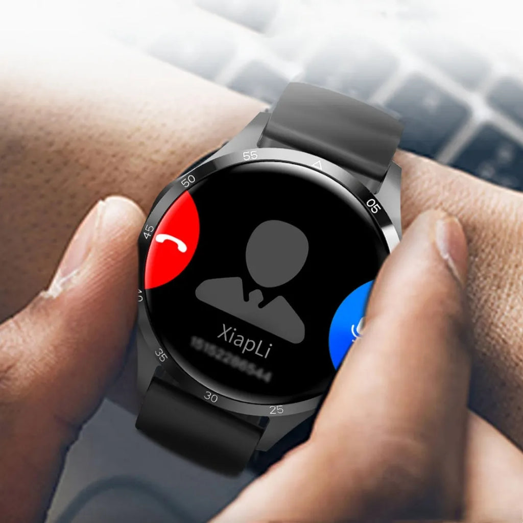 Black Bluetooth smartwatch with TFT touch screen showing health metrics display