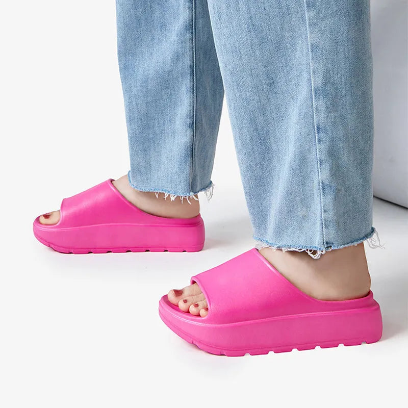 Women's thick sole beach slippers with fish mouth design in beige, black, khaki or rose red colours