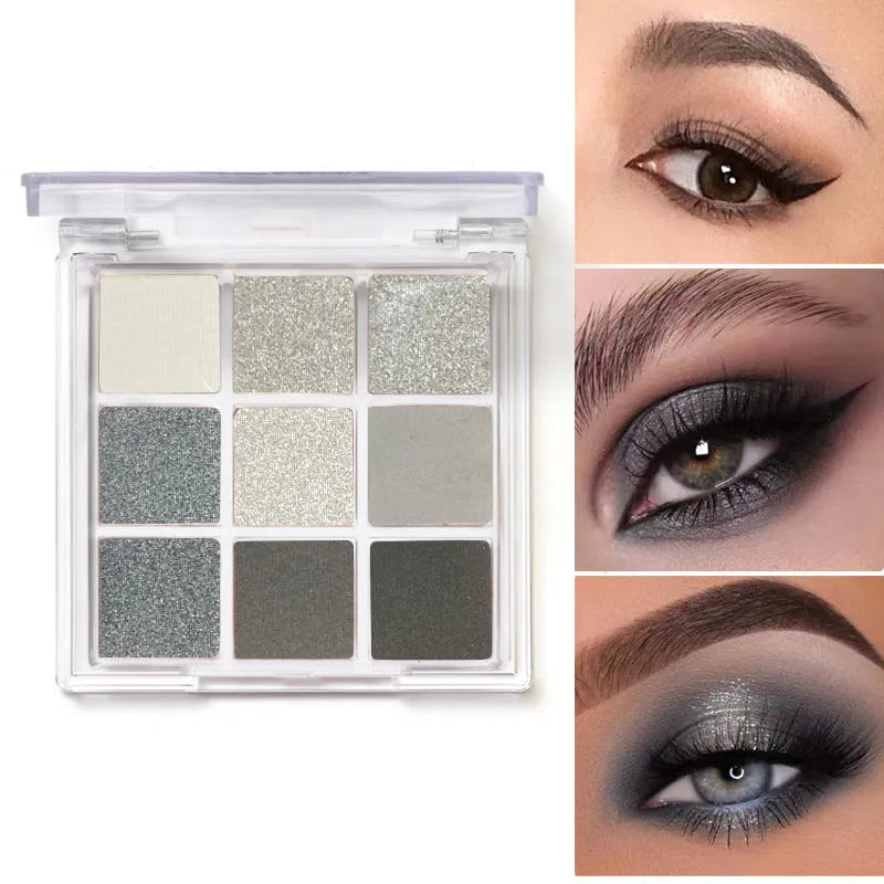 INS style nine-colour smoked eyeshadow palette showing white silver black and iron grey shades