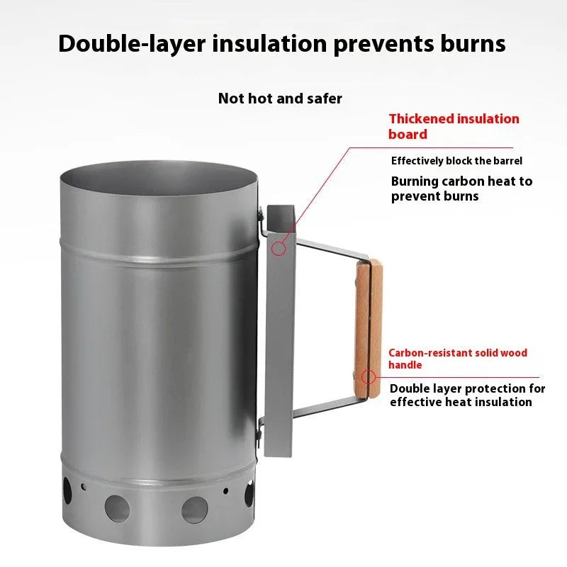 Outdoor charcoal fire igniter with zinc-iron alloy construction and carbon bucket style