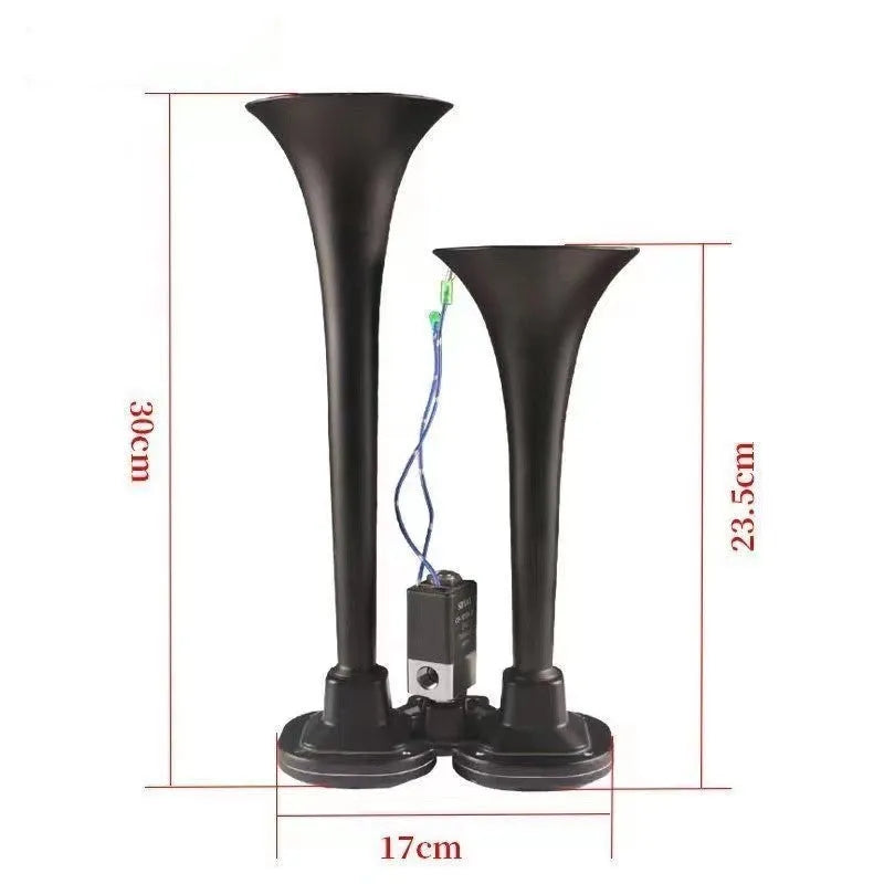 Black dual trumpet 12V 24V air horn kit for vehicles and trucks