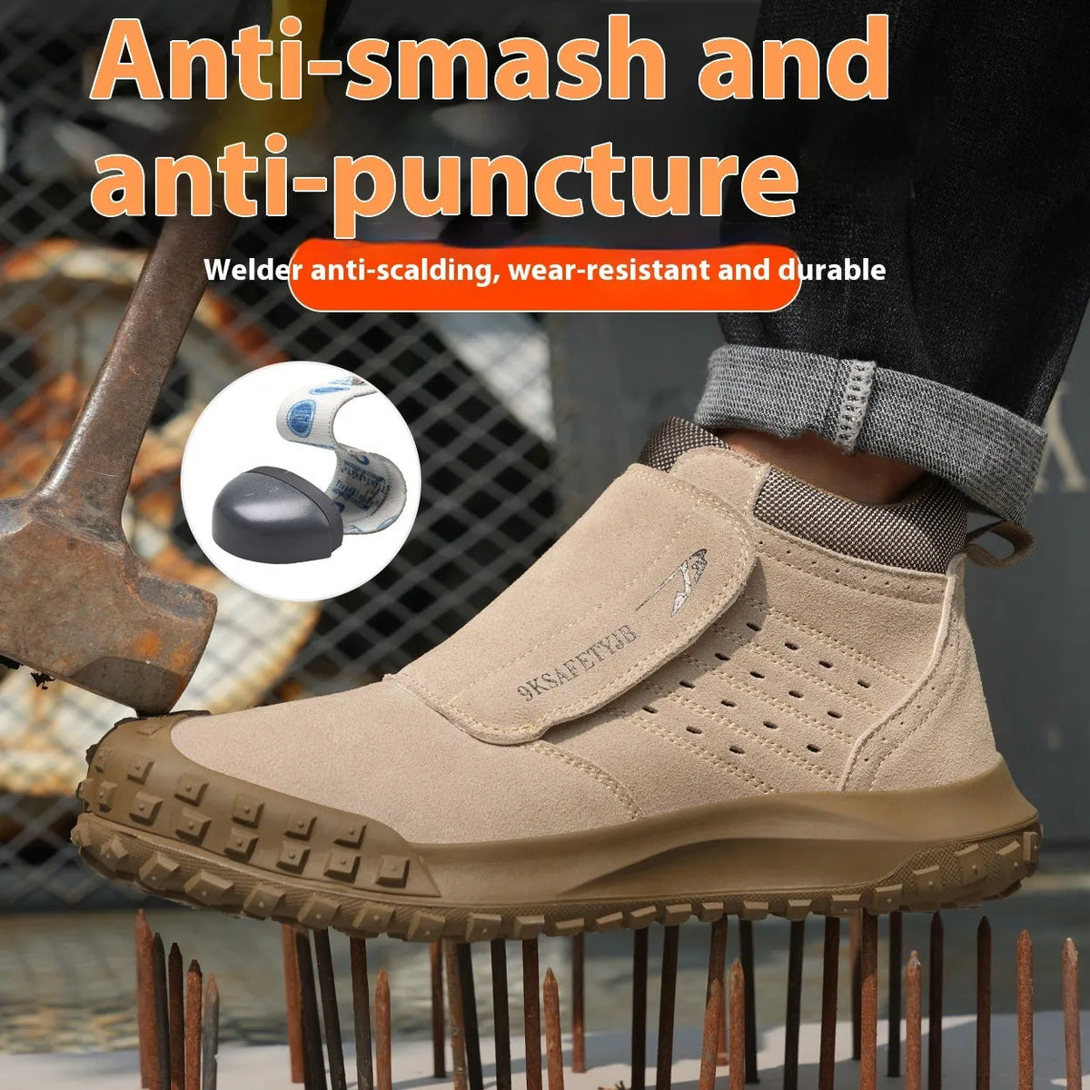 Lightweight welder safety shoe with steel toe cap in sand colour, shown with lace-up front.