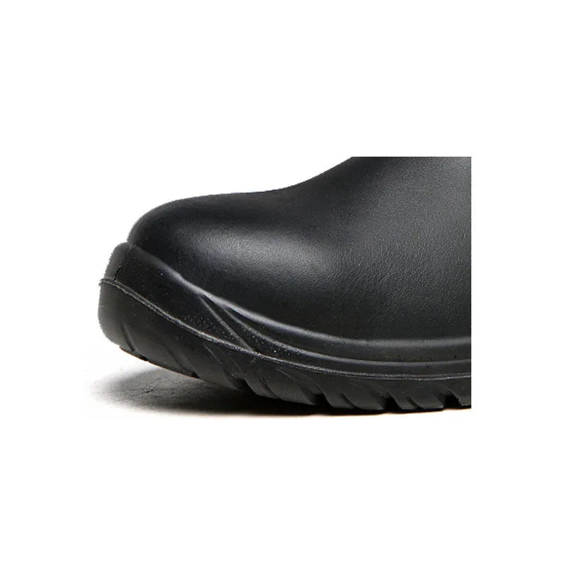 Black leather safety boots with steel toe cap and high-top design for industrial work