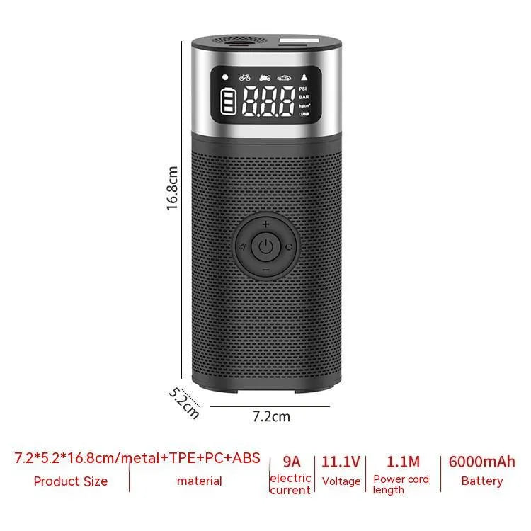 Black portable wireless vehicle air pump with USB-C cable and multiple inflation nozzles in storage bag