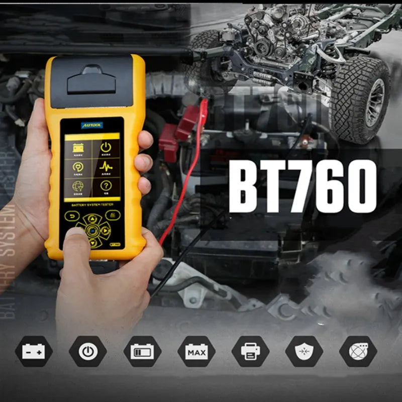 Autool BT760 vehicle battery diagnostic tester with colour screen and thermal printer for 12V/24V systems