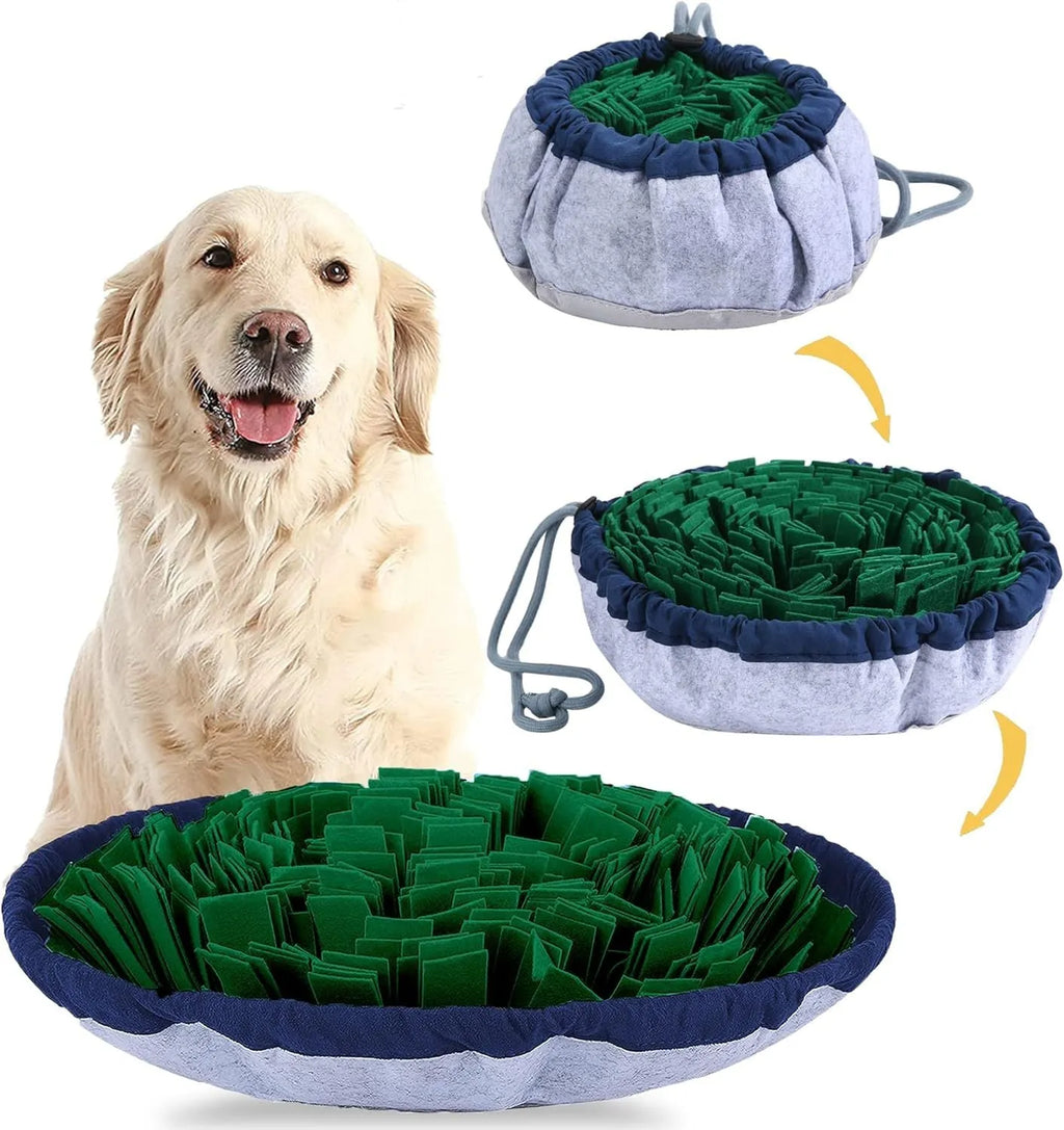 Blue adjustable snuffle mat for dogs with removable insert and fleece fabric strips