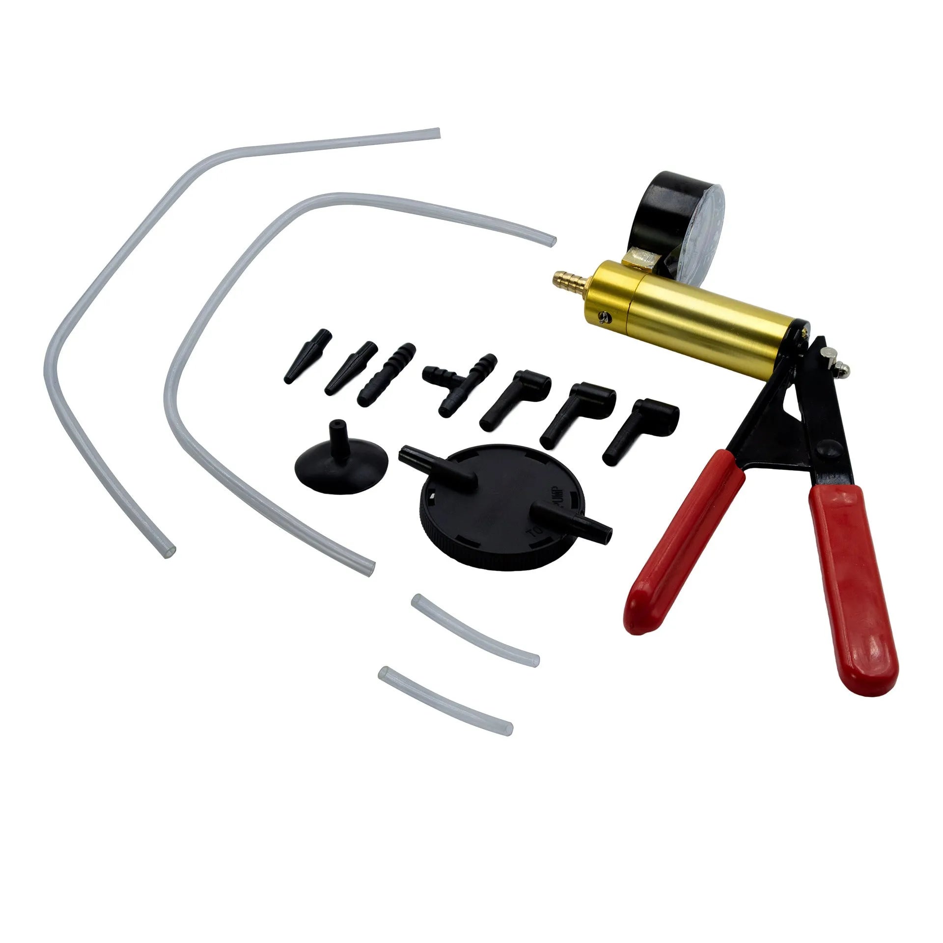 Aluminium manual vacuum air blow gun and suction tool for automotive repair on a workshop bench.