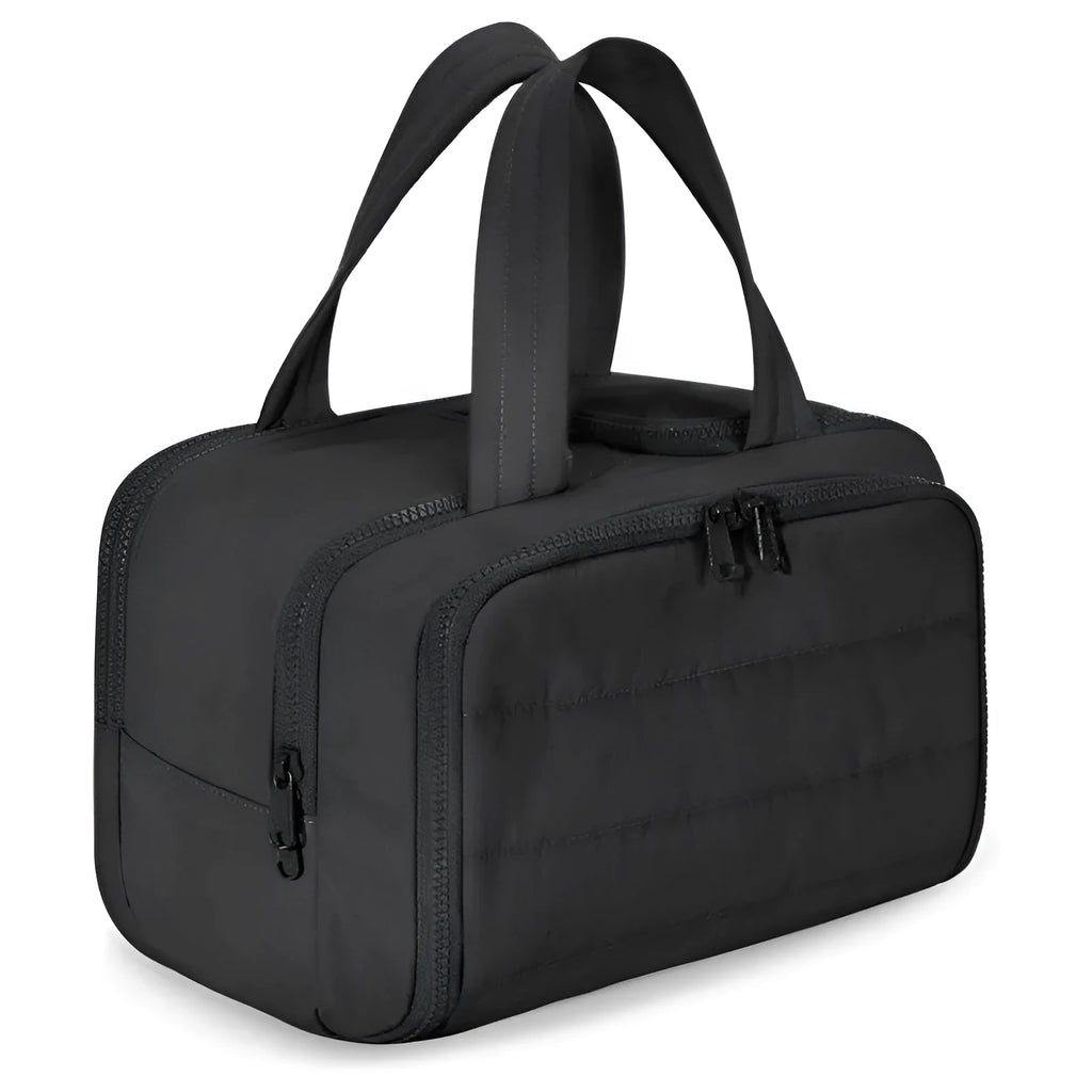 Large polyester travel wash bag with wide opening in black colour showing dimensions of 29.97 x 18.54 x 21.08cm