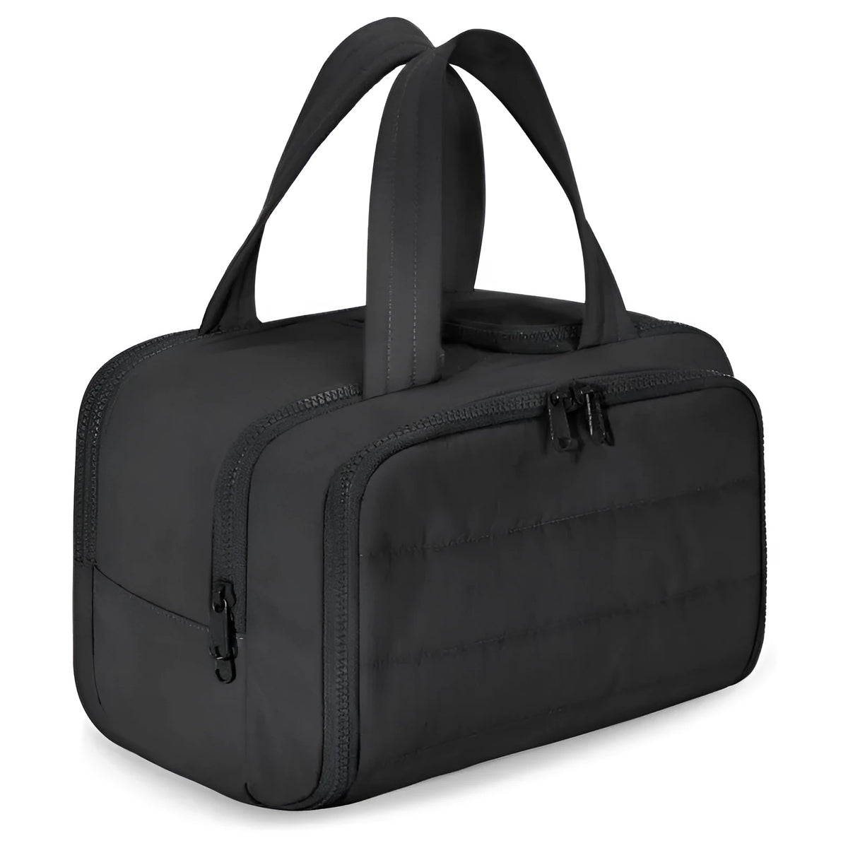 Large polyester travel wash bag with wide opening in black colour showing dimensions of 29.97 x 18.54 x 21.08cm