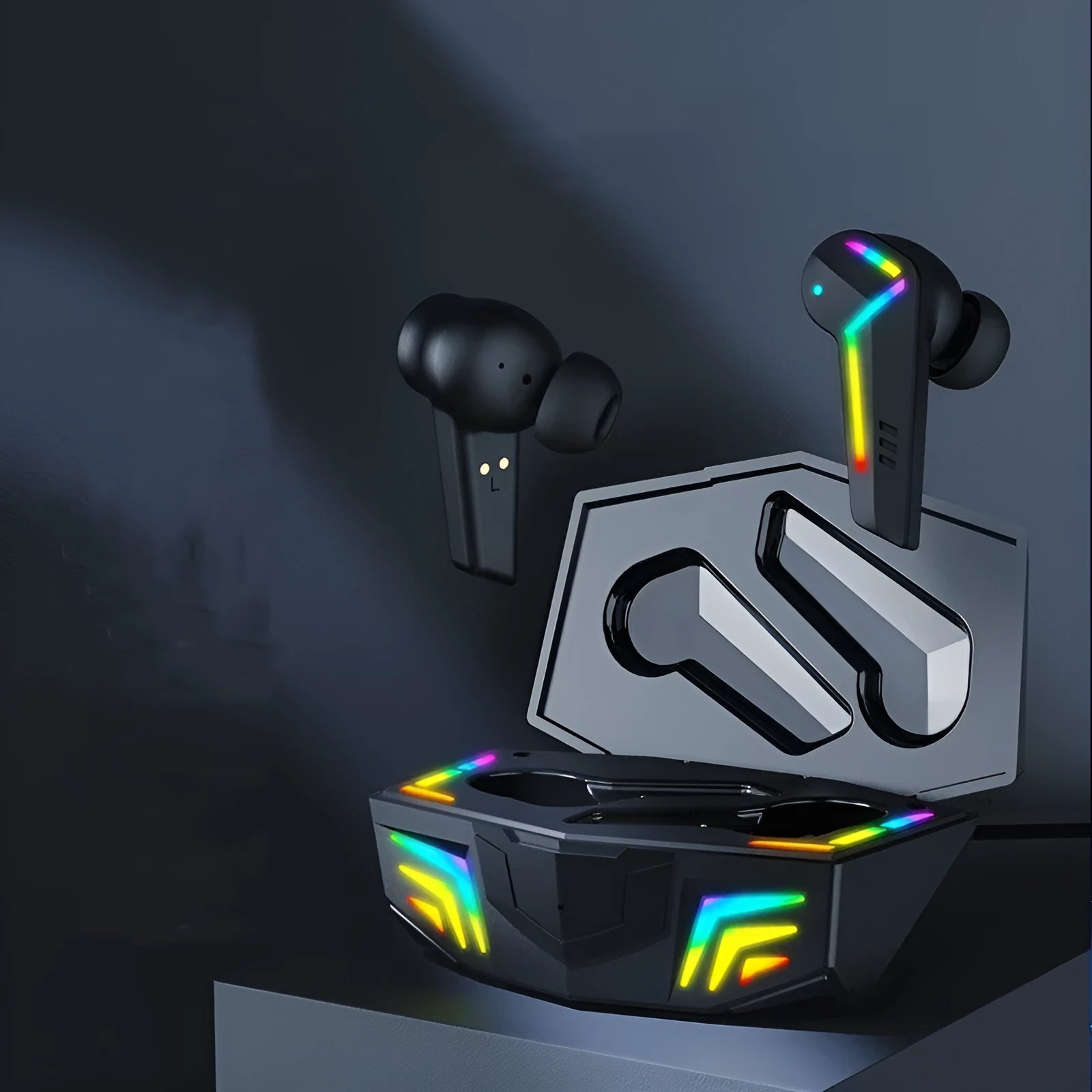 Small black TWS Bluetooth sports headset with earplug design for low-latency gaming and music.