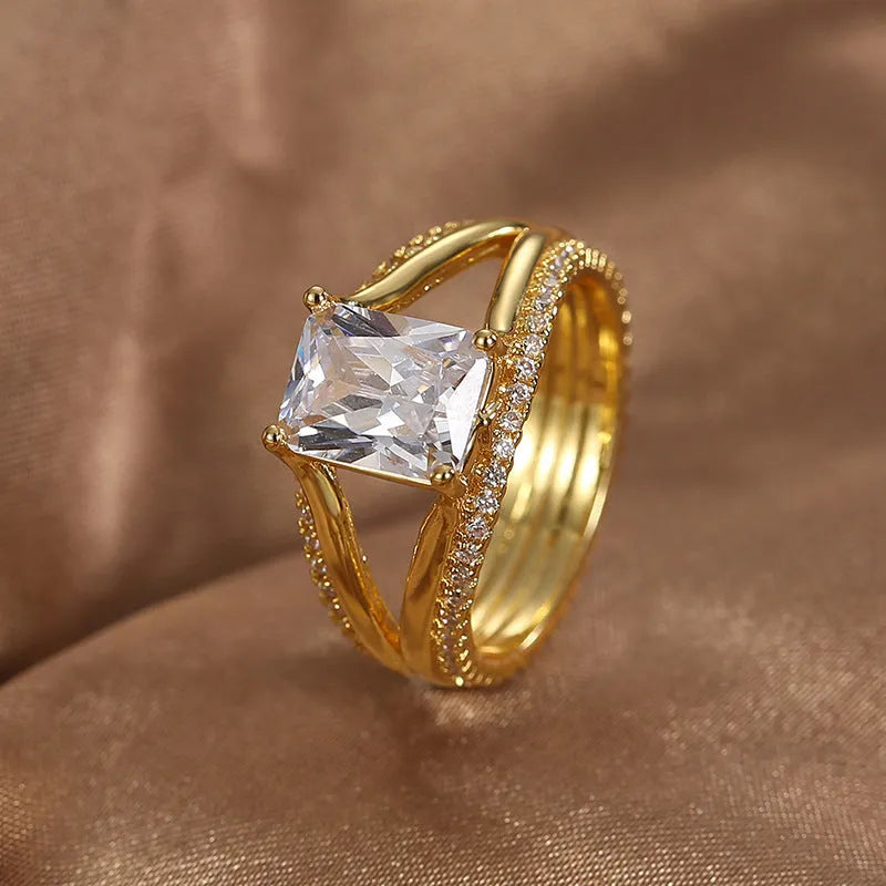Gold geometric women's ring with square zircon stone in European sizing