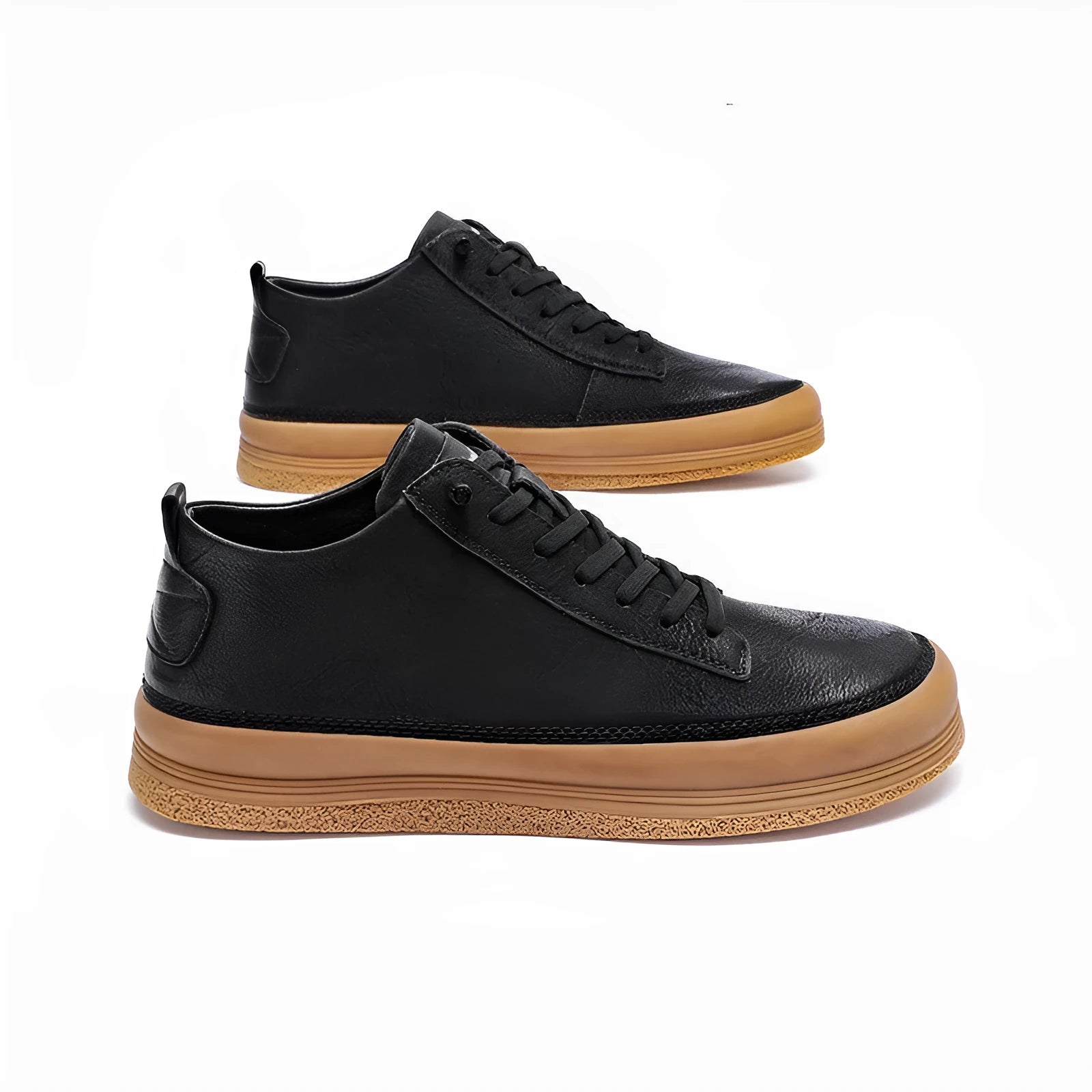 Men's black round-toe lace-up casual leather shoes with a flat rubber sole.