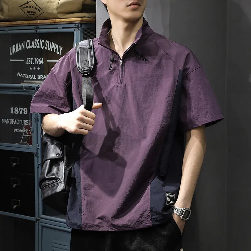 Men's brown half zipped stand collar shirt in Vinylon ice silk fabric