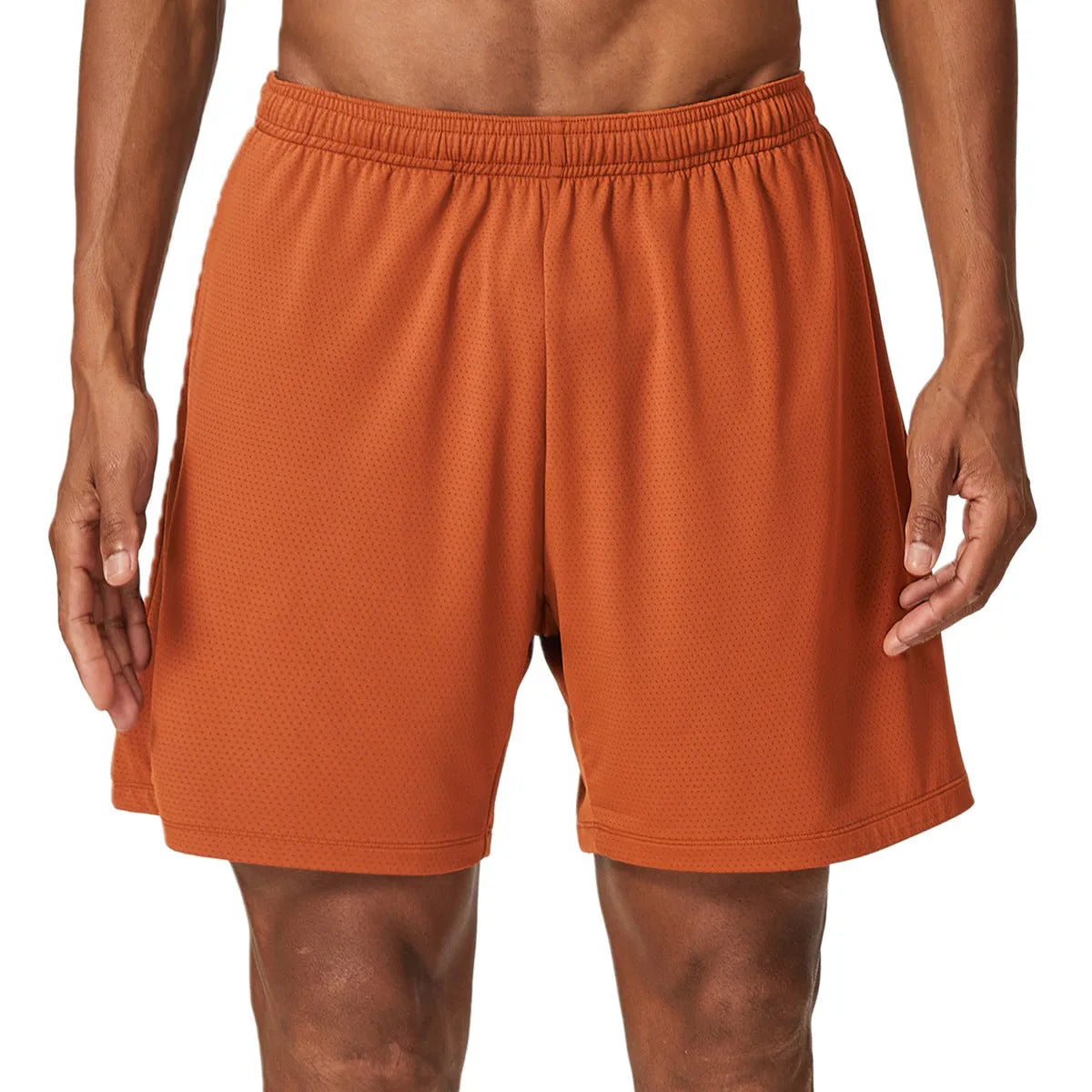 Men's quick-drying double-layer running shorts in khaki colour, showing mid-waist fit and shorts length.