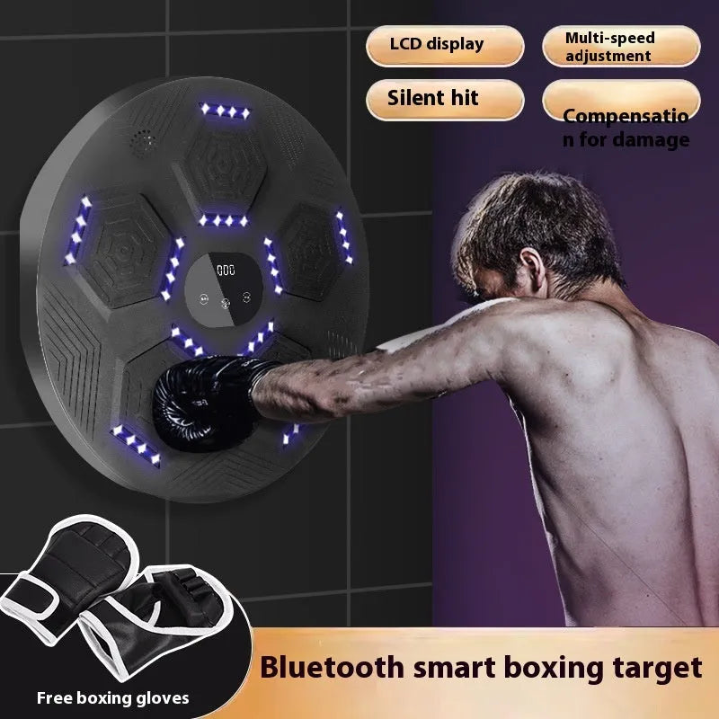 Black wall-mounted smart music boxing machine reaction target with matching black gloves.