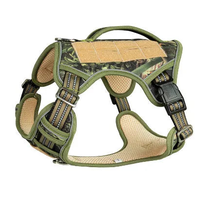 Tactical working dog chest strap harness made from black Oxford cloth, shown fitted on a dog.