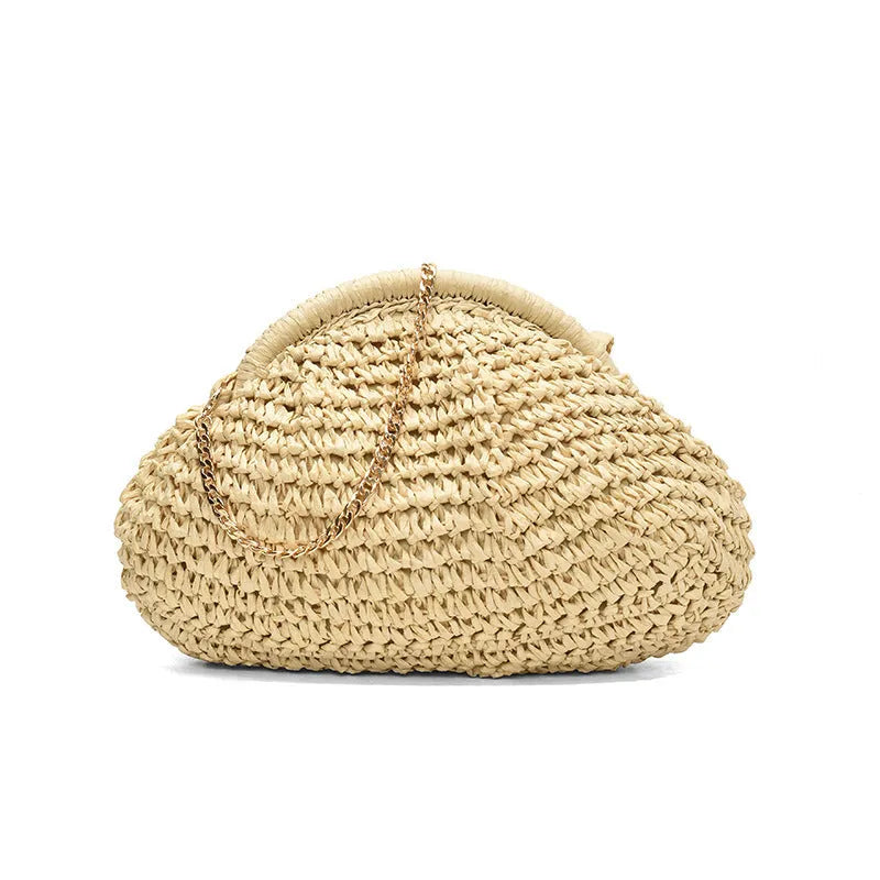 Shell-shaped straw beach bag with chain strap in khaki colour showing zippered pocket