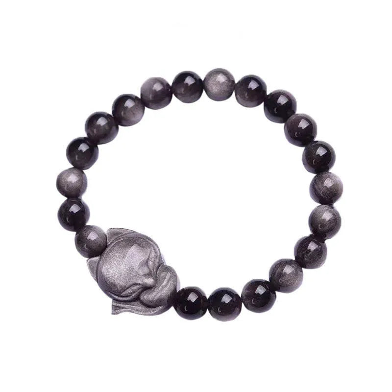Obsidian fox charm bracelet with 8mm bead and adjustable sliding clasp.