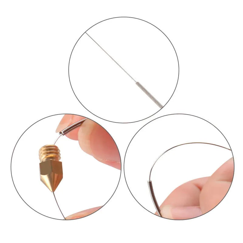 Mk8 E3D nozzle cleaning needles kit with assorted diameters including 0.2mm, 0.25mm, 0.3mm, 0.35mm and 0.4mm sizes.