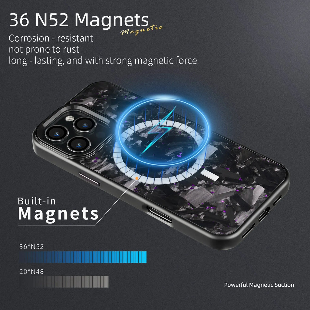 iPhone 17 protective case with black metal frame, blue gold carbon fibre forged pattern, and magnetic feature on back.