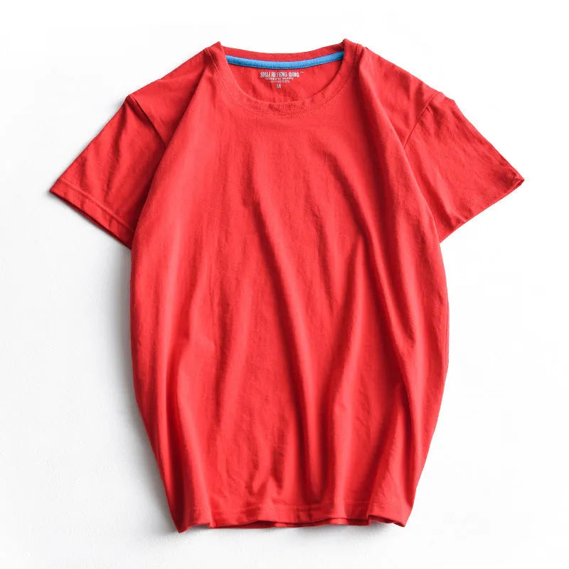 Men's solid colour cotton round neck T-shirt on hanger showing short sleeve casual design