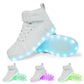 LED light-up high-top board shoes in black, gold, or white with Velcro straps and rubber sole.