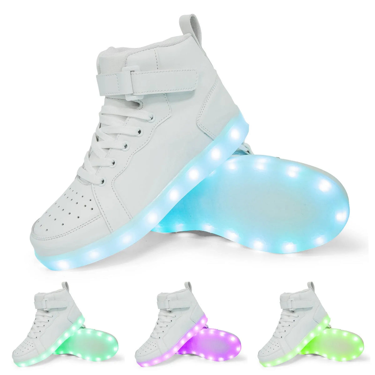 LED light-up high-top board shoes in black, gold, or white with Velcro straps and rubber sole.