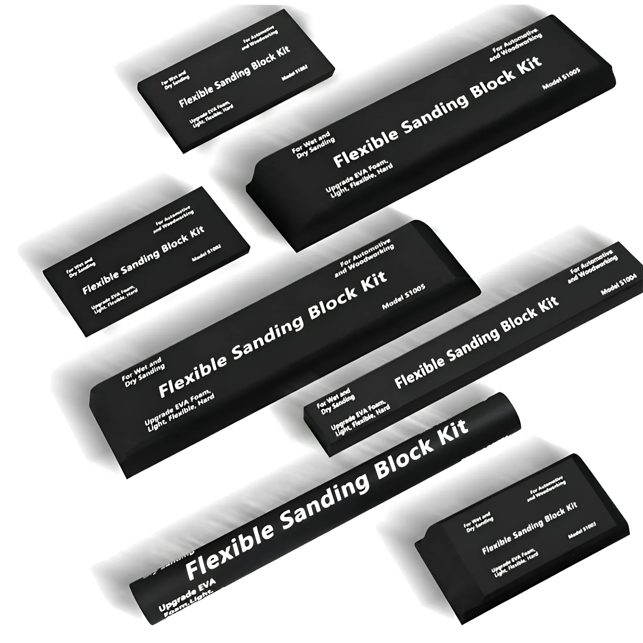 Seven black frosted EVA display blocks with metal reinforcement arranged in stacked configuration